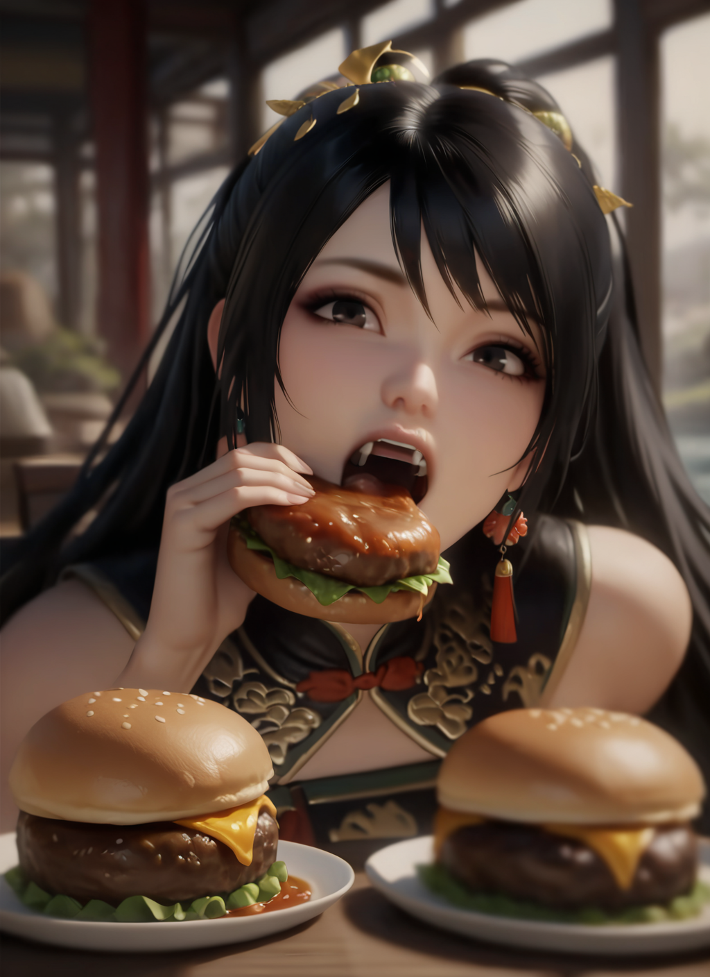 31906-571126954-masterpiece, best quality, guanyinping, very long hair, black hair, 1girl, black eyes, realistic, eating hamburger, multiple ham.png